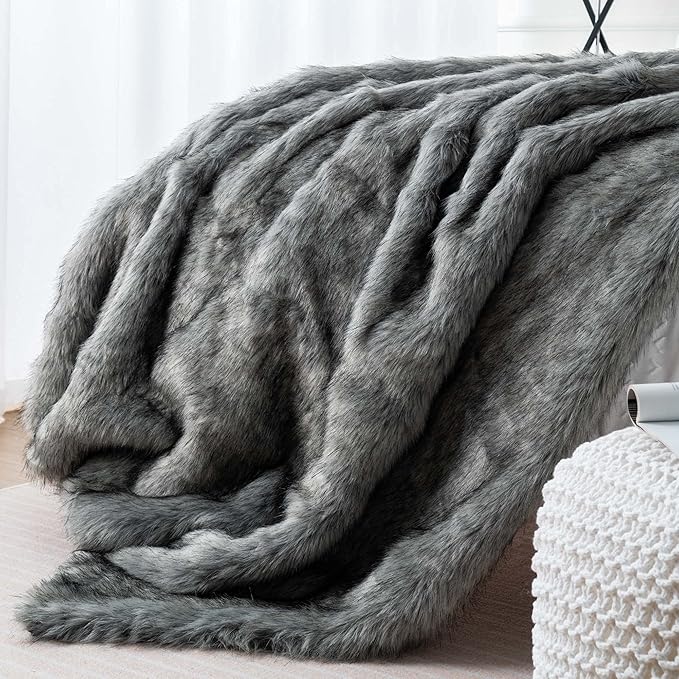 BATTILO HOME Silver Grey Faux Fur Throw Blanket for Couch, Bed, Fake Fur Blankets & Throws, Thick Warm Heavy Fluffy Fuzzy Elegant Furry Blanket Long Pile with Black Tips, 50"x60"-Ruum Studio Home