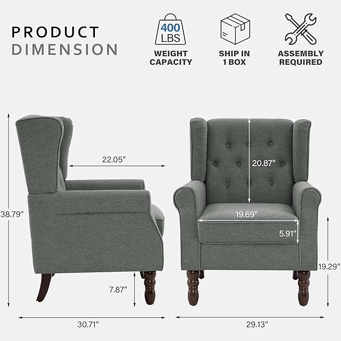 Lumibee High Back Accent Chair,Upholstered Wingback Armchair with Solid Wood Legs for Small Spaces,Comfy Single Sofa Chair for Living Room,Bedroom,Office-Gray-Ruum Studio Home