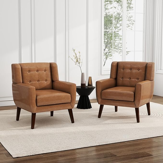 UIXE PU Leather Accent Chairs Set of 2, Modern Arm Club Chair Upholstered Armchair for Living Room, Comfy Single Sofa Seats Button Tufted Reading Seating, Brown-Ruum Studio Home