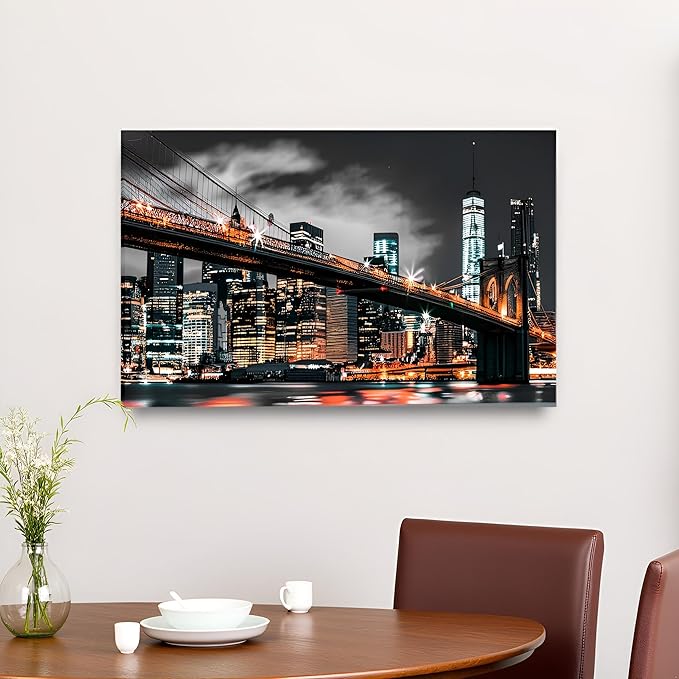 RyounoArt New York City Pictures Wall Art NYC Skyline Canvas Paintings Brooklyn Night Cityscape Prints Wall Decor Framed 20x36 Inch-Ruum Studio Home