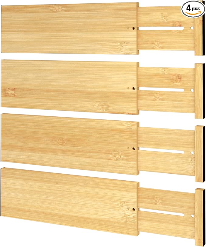BAMEOS 4 PCS Bamboo Drawer Divider Adjustable Drawer Dividers Kitchen Drawer Organization Utensil Organizers for Kitchen Dresser Bathroom Bedroom and Office-Ruum Studio Home