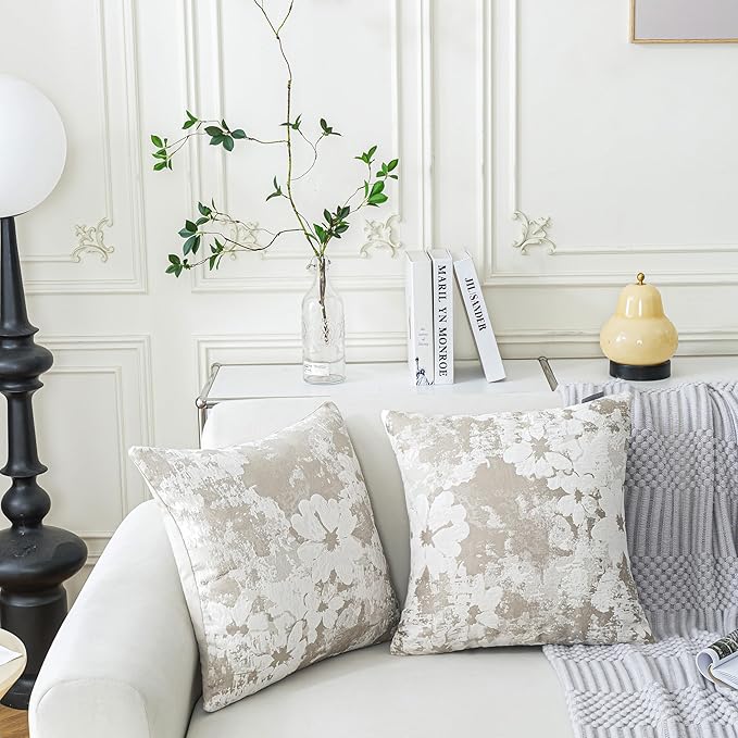 Jacquard Throw Pillow Covers 18x18 Inch Set of 2 - Vintage Floral Boho Pillow Cases with Botanical Pattern | Farmhouse Decor for Couch | Soft Textured Neutral Trio Light Khaki Warm Beige 18" x 18"-Ruum Studio Home