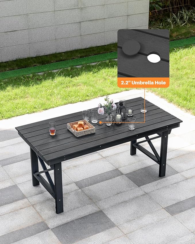 HDPE Outdoor Dining Table, 66.9” Rectangle Patio Dining Table for 6, All-Weather HDPE Outdoor Table with 2.2” Umbrella Hole, HDPE Patio Furniture for Deck, Backyard, Garden, Pool, Obsidian-Ruum Studio Home