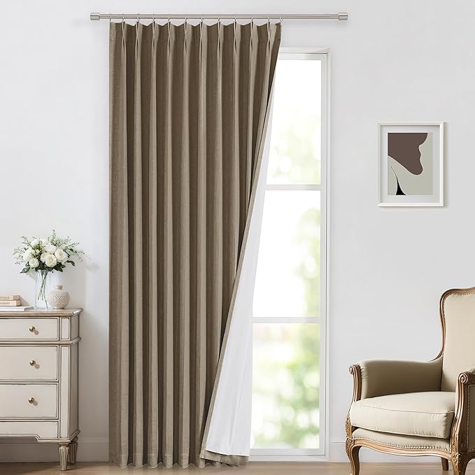 Vision Home Brown Pinch Pleated Full Blackout Curtains Linen Blended 60" Wide Thermal Insulated Window Panels 112 inch for Bedroom Living Room Darkening Pleat Drapes with Hooks Back Tab 60" Wx112 Lx1-Ruum Studio Home