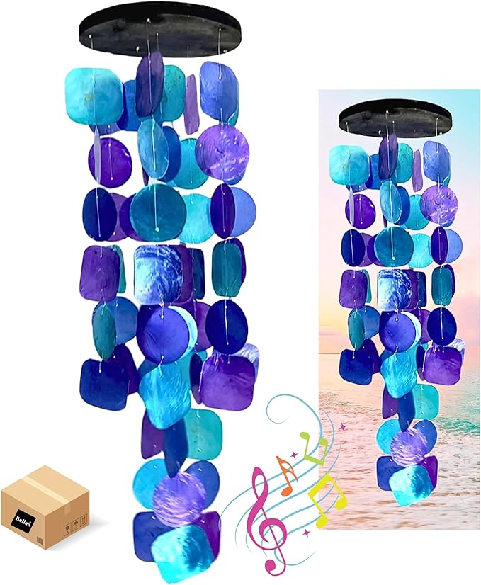 Bellaa 20414 Wind Chimes Outdoor, Garden Decorations, Musical, Indoor/Outside Windchimes, Beach, Ocean Breeze, Gifts for Mom, Gift for All Occasions, Capiz Sea Glass Shells Wood Purple 27 inch-Ruum Studio Home