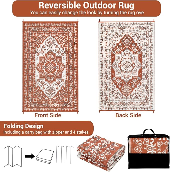 GAOMON Extra Large Outdoor Rug 10x20 Waterproof Plastic Straw Rug Reversible Vintage Patio Carpet, Portable Picnic Camping Mat with Bag & Stakes, Outside Carpet for Balcony Garden Yard, Orange Red-Ruum Studio Home