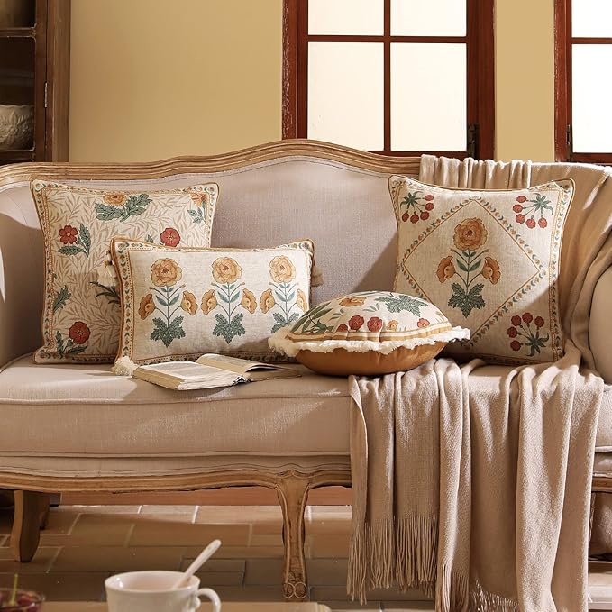 patdrea Designer Pack of 4 Throw Pillow Covers,Beige Vintage French Soft Linen Pillows Cover with Daisy Floral Pattern,Vintage Square Farmhouse Decorative Pillowcase for Couch,Bed,Living Room-Ruum Studio Home
