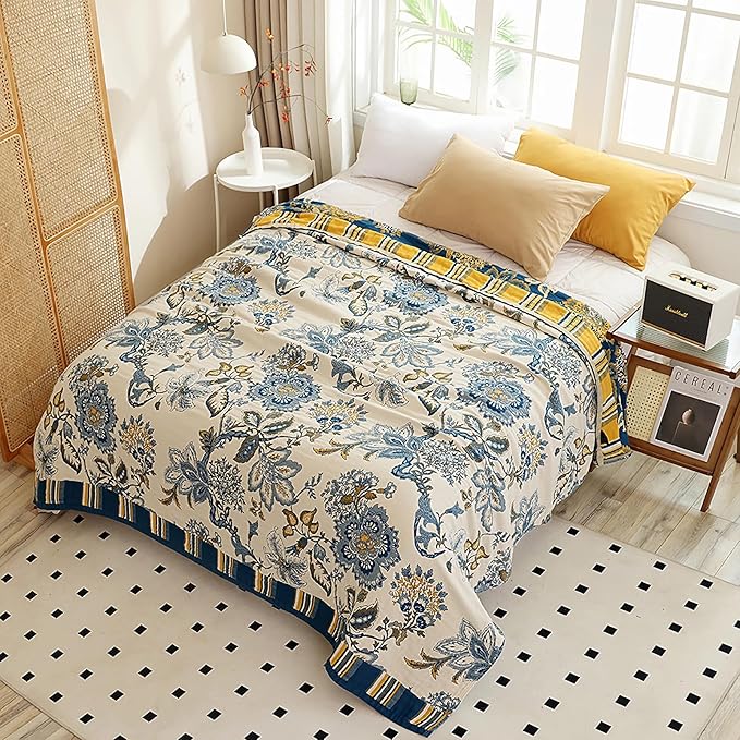 Snycler Boho Throw Blanket for Bed - 100% Cotton Ultra Soft Rustic Quilt - White Blue Floral Printed Farmhouse Decor Bed Blankets, 60"×80" All Season Rustic Throw for Sofa Couch Chair-Ruum Studio Home