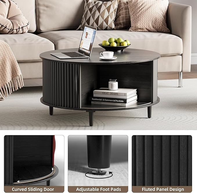 Round Coffee Table with Storage,Mid Century Modern Dining Table with Sliding Cabinet Door for Living Room,Home Small Space,31.5" Small Center Table,Black-Ruum Studio Home