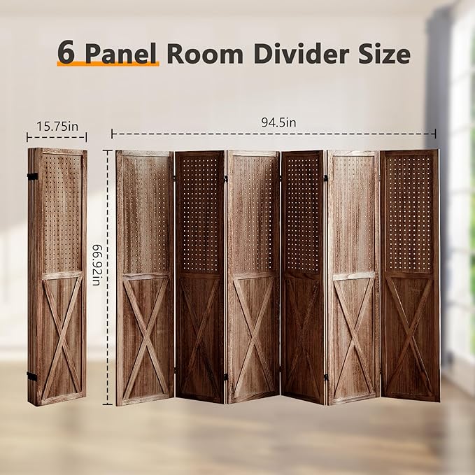 6 Panel Pegboard Room Divider, 5.6Ft Pegboard Display Folding Privacy Screens, Wood Room Divider Peg Board Display Freestanding for Trade Show Craft Show Home Wall Organizer, Brown-Ruum Studio Home