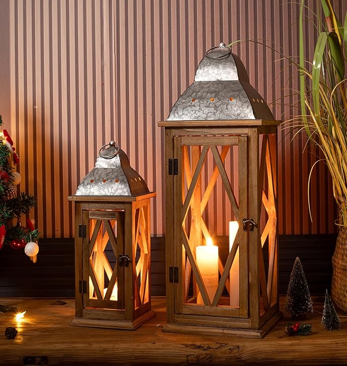 Large Farmhouse Wooden Metal Lantern Set of 2, Rustic Decorative Floor Candle Lanterns, Indoor/Outdoor Hanging Lanterns for Home Decor (No Glass)-Ruum Studio Home