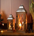 Large Farmhouse Wooden Metal Lantern Set of 2, Rustic Decorative Floor Candle Lanterns, Indoor/Outdoor Hanging Lanterns for Home Decor (No Glass)-Ruum Studio Home