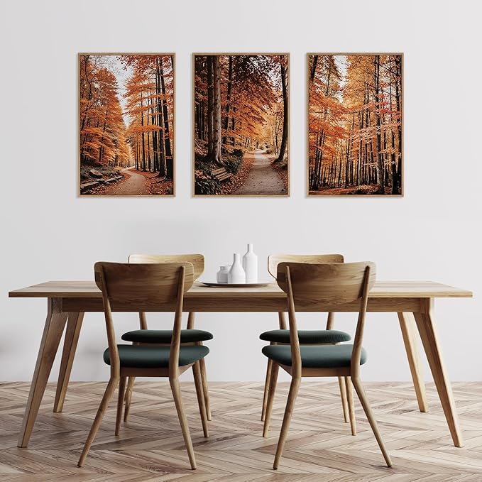HLNIUC Autumn Forest Framed Canvas Wall Art,Fall Nature Pictures Wall Decor Set of 3(16”x24”) Large Maple Trees Trail Scenery Wall Painting,Modern Fall Landscape Art Print for Living Room,Bedroom-Ruum Studio Home