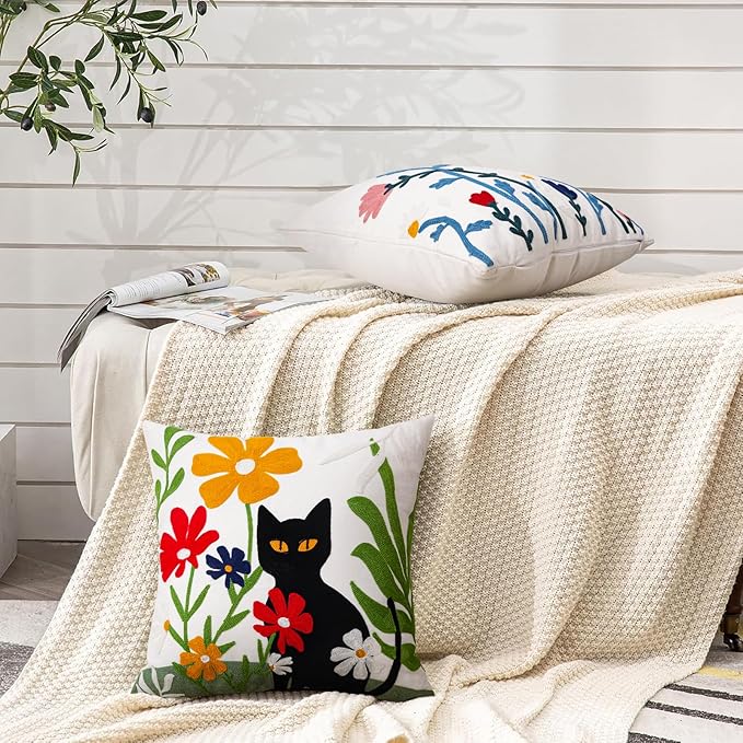 Merrycolor Embroidered Pillow Covers 18x18 Black Cat and Flower Pattern Halloween Decorative Throw Pillow Covers Comfortable Cotton Canvas Square Couch Cushion Cases for Sofa Bed Living Room Decor-Ruum Studio Home