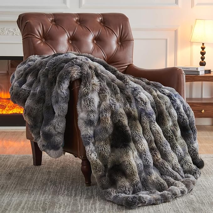 NEWCOSPLAY Faux Fur Twin Blanket Tie-dye Grey Luxury Fluffy Thick Warm Bubble Blanket for Couch Sofa Bed 700GSM (Tie-dye Grey, Twin(60"x80"))-Ruum Studio Home