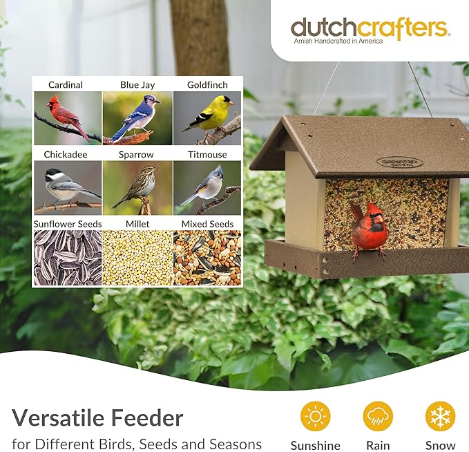 Poly Hanging Hopper Bird Feeder, Large Hanging Bird Feeder for Outside, Outdoors - Amish American Made (Tudor Brown & Weatherwood)-Ruum Studio Home