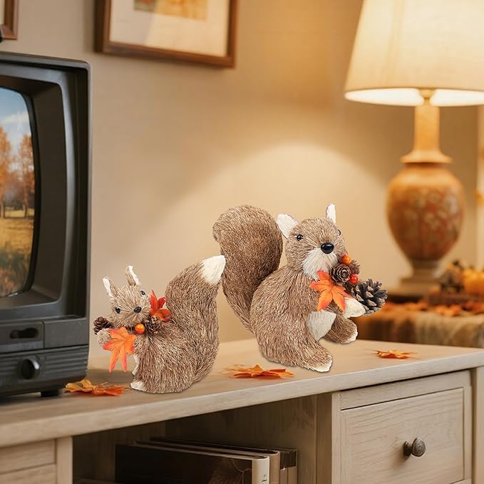 winemana Set of 2 Fall Table Decor-Squirrels with Leaves Pine Cones Thanksgiving Home Decorations Indoor Sisal Figurines, Cozy Fall Office Harvest Centerpiece Christmas Kitchen Décor-Ruum Studio Home