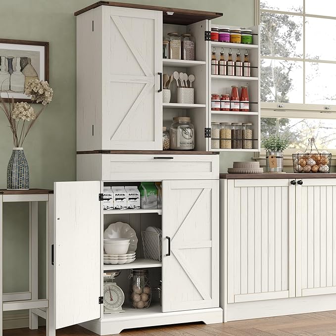 72'' Kitchen Storage Pantry Cabinet, Tall Storage Cabinet with 8 Door Shelves, 2 Cabinets and 1 Drawer, Freestanding Cupboard for Kitchen, Dining Room, Bathroom, Laundry, Off White-Ruum Studio Home