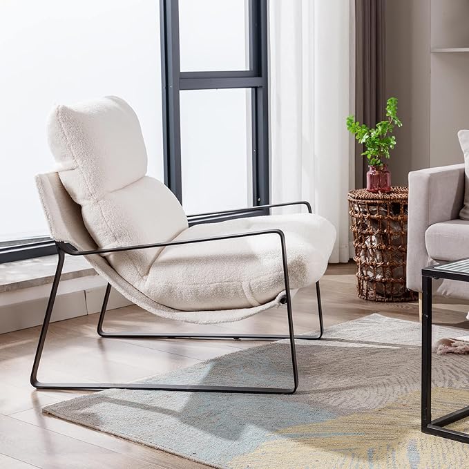 DUOMAY Modern White Sherpa Accent Chair Set of 2, Comfy Lounge Lazy Chair with Metal Leg, Mid-Century Corner Arm Chair for Living Room Bedroom Office Apartment-Ruum Studio Home