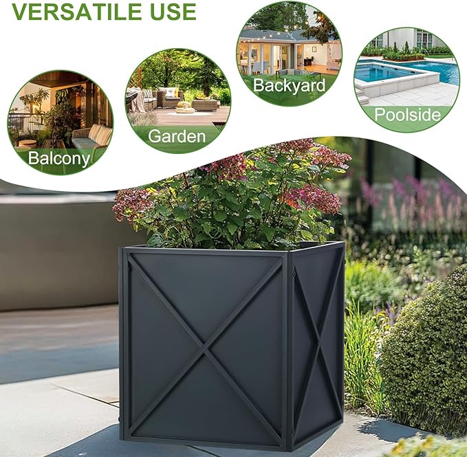 BAYN Metal Square Planter Box Tall Planters for Outdoor Plants Modern Heavy Duty with Drainage Holes for Outside Indoor Patio Deck - Grey, 17”x 17”x 18”-Ruum Studio Home