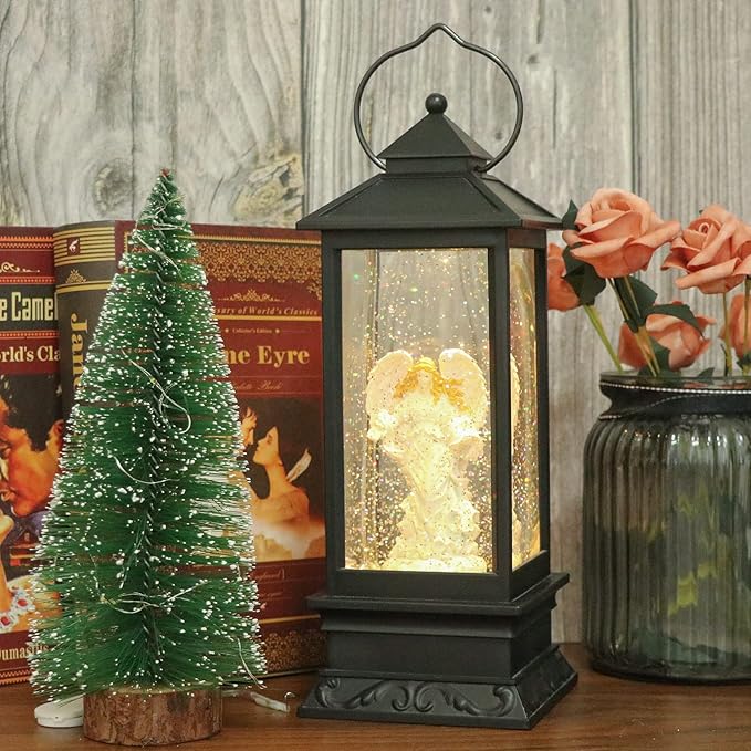 Eldnacele Musical Singing and Lighted Plug-in & Battery Operated Lighted Christmas Water Glittering Snowing Globe Christians Church Lantern for Home Decoration Angel-Ruum Studio Home