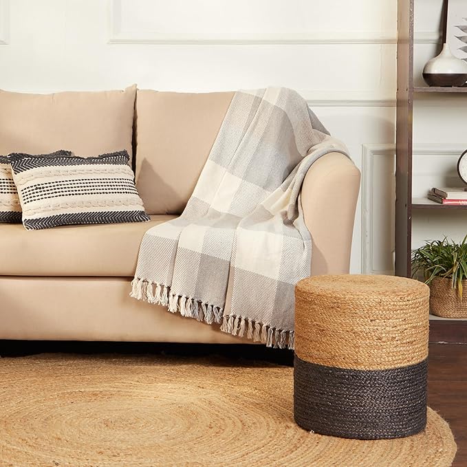 REDEARTH · Cylindrical Pouf Foot Stool Ottoman - Jute Braided Pouffe Poof Accent Sitting Footrest for The Living Room, Bedroom, Nursery, Patio, Lounge & Other Rooms (14.5”x14.5”x16”; Natural Gray)-Ruum Studio Home