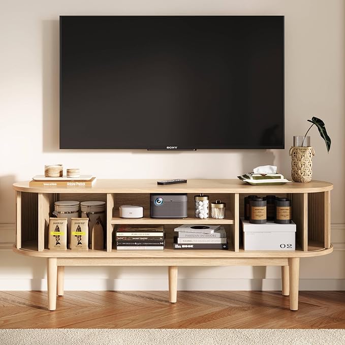 LINSY HOME TV Stand for 65" TV, Mid-Century Modern 58" Entertainment Center with Sliding Tambour Door and Storage Cabinet, Cruved TV Media Console Table for Living Room, Bedroom, Oak-Ruum Studio Home