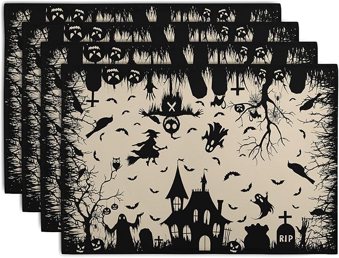 Halloween Placemats 12x18 Inch Set of 4 Black White Witch Castle Ghost Place Mats Spooky Haunted House Bats Tree Crow Table Mat for Party Kitchen Dining Outdoor Indoor Decor-Ruum Studio Home