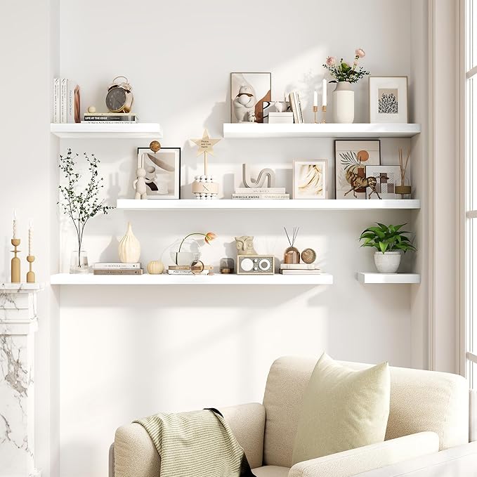 Fun Memories White Floating Shelves 16 Inch Long, 8 Deep Floating Shelf Wall Mounted, 16 x 8 Inch Wooden Bathroom Shelves, Deep Storage Shelves for Living Room, Kitchen, Set of 2-Ruum Studio Home
