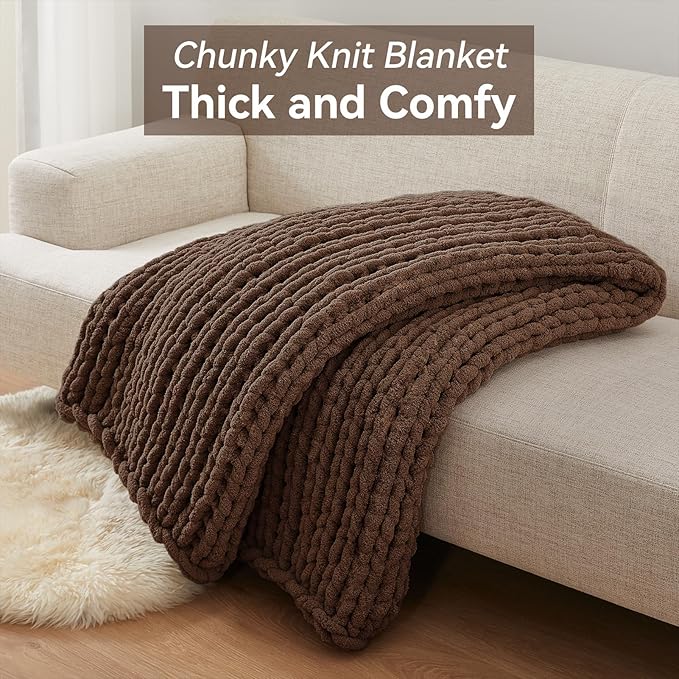 Chunky Knit Throw Blanket, 30''*40'' Knitted Throw Chenille Yarn for Bed Couch, Handmade Dark Brown Crochet Big Thick Blanket, Machine Washable Cute Comfy Blanket for Home Decor-Ruum Studio Home