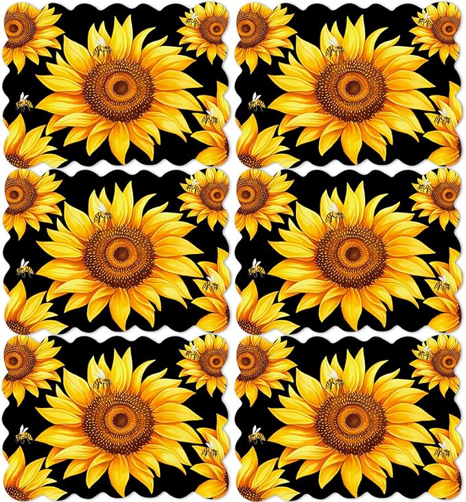 Sunflower Placemats Set of 6 Summer Plastic Table Mats Summer Floral Place Mats Washable Vinyl Seasonal Spring Sunflower Table Decoration for Indoor Outdoor Party Kitchen Dining-Ruum Studio Home