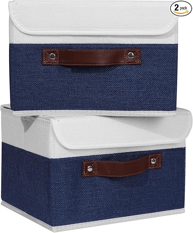 ANMINY 2PCS Storage Boxes with Lid Washable Decorative Storage Bin Basket with PU Leather Handle Foldable Linen Fabric Storage Cube Container for Home Closet Organizer - Deep Blue White, Small Size-Ruum Studio Home