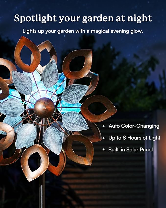 Copper Wind Spinners Outdoor 74 Inches with Solar LED Light, Kinetic Dual Wind Sculptures & Spinners for Yard Lawn Garden Decor, Large Metal Clearance Windmill with Bronze Leaf-Ruum Studio Home