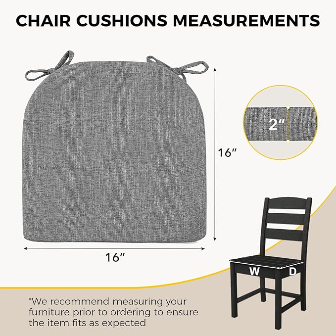 downluxe Indoor Chair Cushions for Dining Chairs, Soft and Comfortable Textured Foam Kitchen Chair Pads with Ties and Non-Slip Backing, 16" x 16" x 2", Dark Grey, 4 Pack-Ruum Studio Home