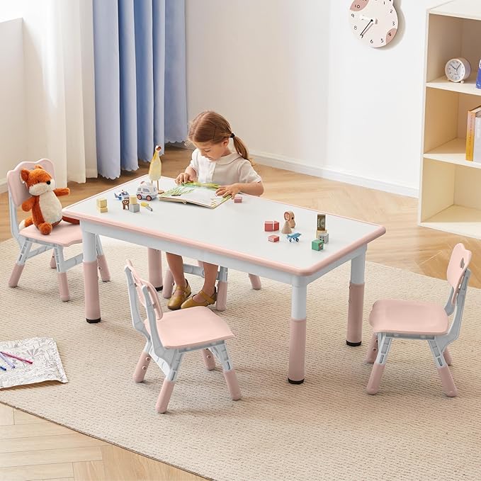 Kids Study Table and Chairs Set, Height Adjustable Toddler Table and Chair Set for Kids Ages 3-8, Graffiti Desktop Plastic Children Art Table with 4 Seats, Lovely Pink-Ruum Studio Home
