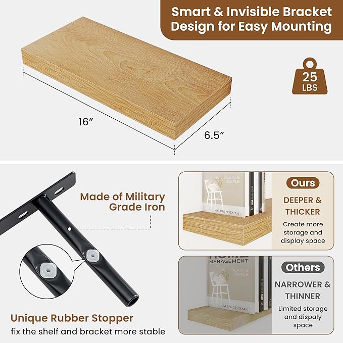 fuqing Floating Shelves for Wall, Bathroom Shelf Wall Mounted for Storage, Shelves with Invisible Bracket for Bedroom, Kitchen, Living Room, Farmhouse Small Book Shelf, 16 Inch Set of 2, Oak-Ruum Studio Home