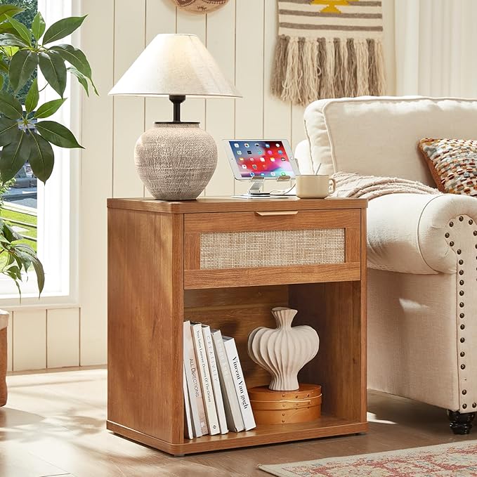 LEYAOYAO Boho Rattan Coffee Table Sets 3 Pieces, Nightstand with Charging Station and Coffee Table with Hidden Storage Compartment, Brown Living Room Table Set, Wood Furniture Sets for Home Office-Ruum Studio Home