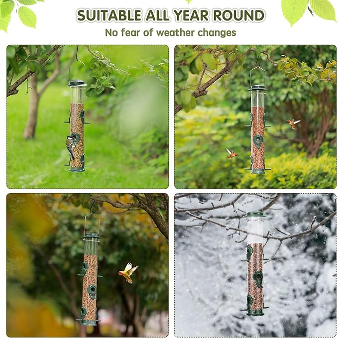 MIXXIDEA 2PK Metal Wild Bird Feeder Bird Feeders for Outdoors Hanging 6 Port Tube Bird Feeder Transparent Finch Feeder with Steel Hanger Green-Ruum Studio Home