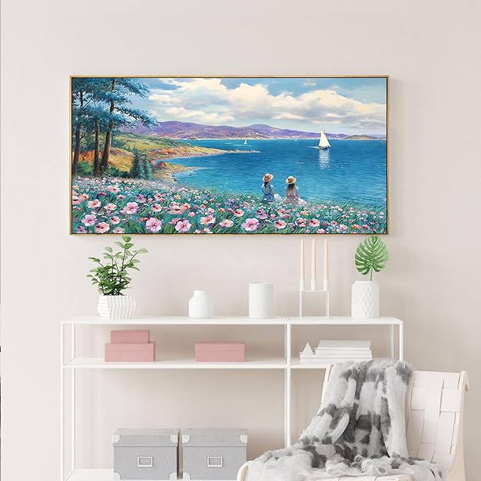 XLSJERST Landscape Wall Art - Blue Ocean Pink Flower Sailboat Mountain Tree Decor Orange Frame Artwork for Wall Large Picture for Living Room Bedroom Home Office Wall Decoration Size 20x40-Ruum Studio Home