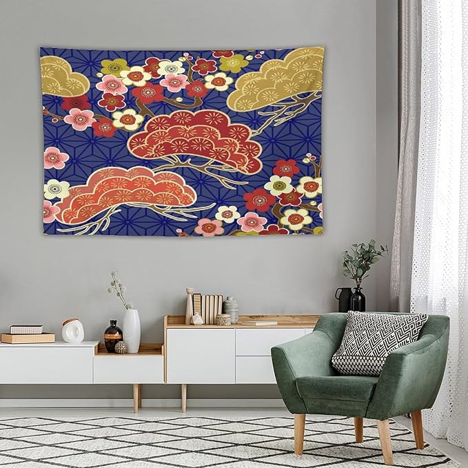 HZOHNAGO Japanese Tapestry Art Abstract Colorful Cherry Blossom Blue Background Pattern Printed Wall Tapestry Painting Wall Hanging for Bedroom Living Room Dorm 90" W x 60" H-Ruum Studio Home