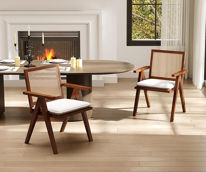 Rattan Dining Chairs Set of 2, Farmhouse Wicker Dining Chairs with Removable Linen Cushion Accent Cane Armchair for Dining Room Kitchen Restaurant, Walnut-Ruum Studio Home