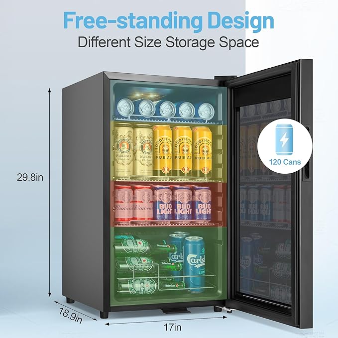 Beverage Refrigerator Cooler, 17 Inch 120 Cans Freestanding Mini Fridge with Glass Door, Adjustable Shelves and LED Light, Small Drink Fridge Counter-top Beer Fridge for Bedroom Office Bar-Ruum Studio Home