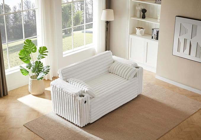 68.11" Corduroy Sleeper Chair Bed with USB Port, Cup Holders & Side Storage Pockets – 3-in-1 Foldable Sofa Bed for Guest Room, Living Room -White-Ruum Studio Home