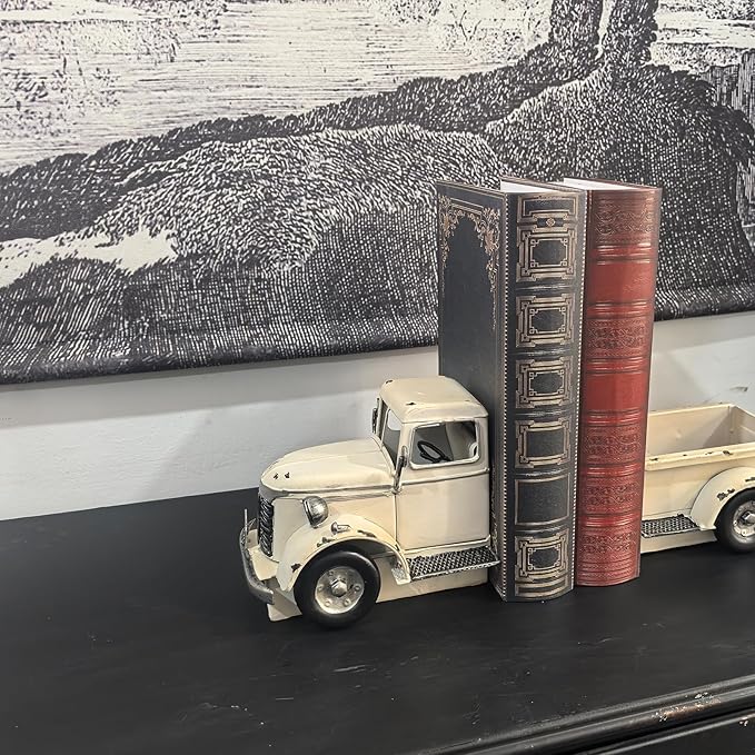 Decorative Book Ends Vintage Bookends: Metal Truck Book Stopper for Heavy Books - Farmhouse Decor for Shelf Table Coffee Bar Office Home - Gift for Adults Men Teen (Vintage White)-Ruum Studio Home