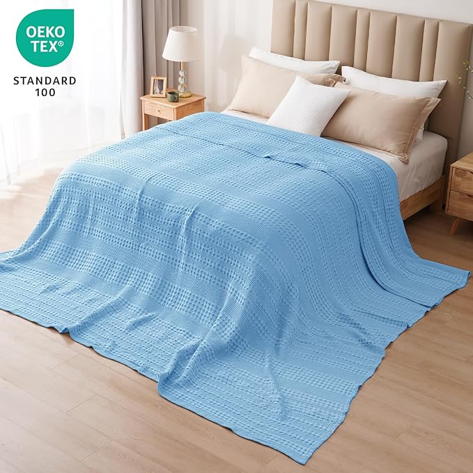 PHF 100% Cotton Waffle Blanket Oversized King 120"x120", Lightweight Breathable Extra Large 10'x10' Summer Blankets for Bed, Giant Big Luxury Aesthetic Woven Bedding for Home Decor, Sky Blue-Ruum Studio Home
