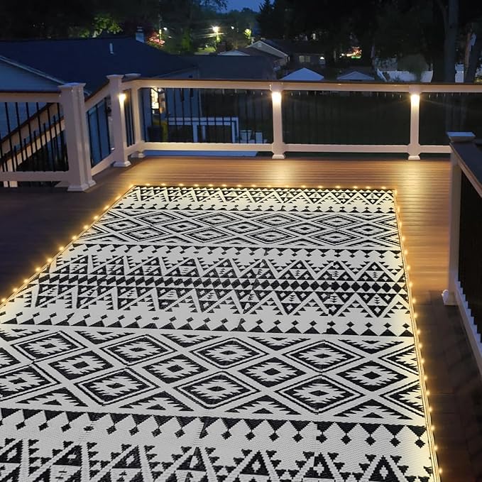 6x9ft Waterproof Outdoor Rug with LED Lights, Bohemia Reversible Plastic Straw Mat for Patio RV Camping Picnic Balcony Beach Deck Indoor Outdoor Carpet, Black&White-Ruum Studio Home
