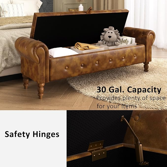 Storage Ottoman Bench for Bedroom, 52" Leather End of Bed with Rolled Arms, Upholstered Ottoman Fit for Living Room, Entryway, Faux Leather Brown-Ruum Studio Home