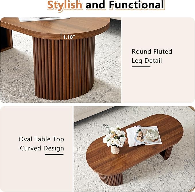 Oval Fluted Coffee Table, 47" Farmhouse Wood Coffee Table Mid Century Modern Center Table Boho Living Room Tables for Living Room Office,Walnut-Ruum Studio Home
