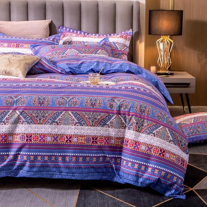 ABREEZE Bohemian Vintage Full Size Floral Cotton Bedding Set 3Pcs Duvet Cover Set Boho Purple Paisley 100% Egyptian Brushed Cotton Reversible Home Bedding Collection-Ruum Studio Home