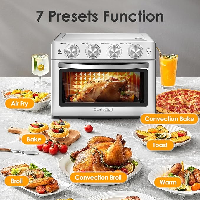 Geek Chef 26 QT Air Fryer Oven, Big Air Fryer, Toast Oven with Bake, Roast, Pizza, Easy to Use & Clean, 6 Slice Toast, Stainless Steel-Ruum Studio Home